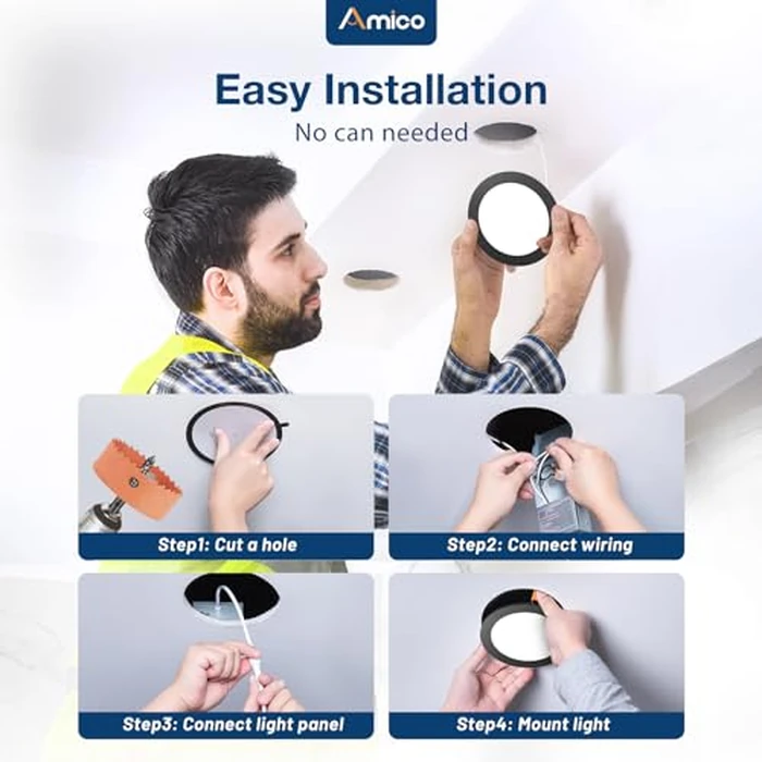 Amico 12 Pack 4 Inch 5CCT Ultra-Thin LED Recessed Ceiling Light with J-Box, 2700K/3000K/3500K/4000K/5000K Selectable, 11W Eqv 70W, Dimmable Canless Downlight, 800LM High Brightness, Black - ETL by Amico - Image 3