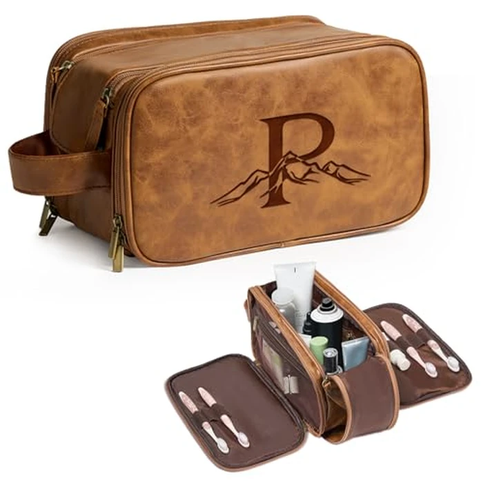 Janhavi Large Mens Travel Bag Toiletry, Travel Essentials Toiletries Men, Personalized Initials & Mountain, Waterproof Make Up Bag, Men's Accessories Storage, Customized Gifts for Men (Brown P) by Janhavi - Used - Very Good condition