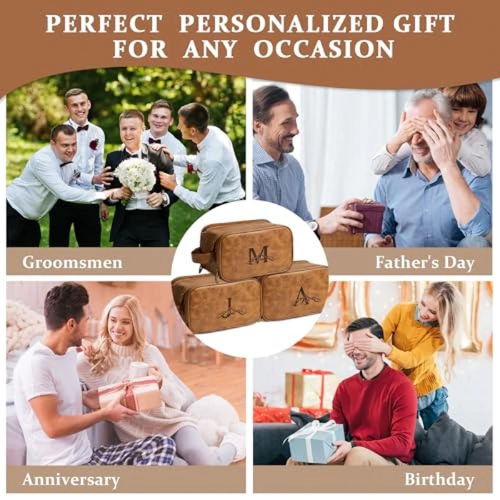 Janhavi Large Mens Travel Bag Toiletry, Travel Essentials Toiletries Men, Personalized Initials & Mountain, Waterproof Make Up Bag, Men's Accessories Storage, Customized Gifts for Men (Brown P) by Janhavi - Image 2