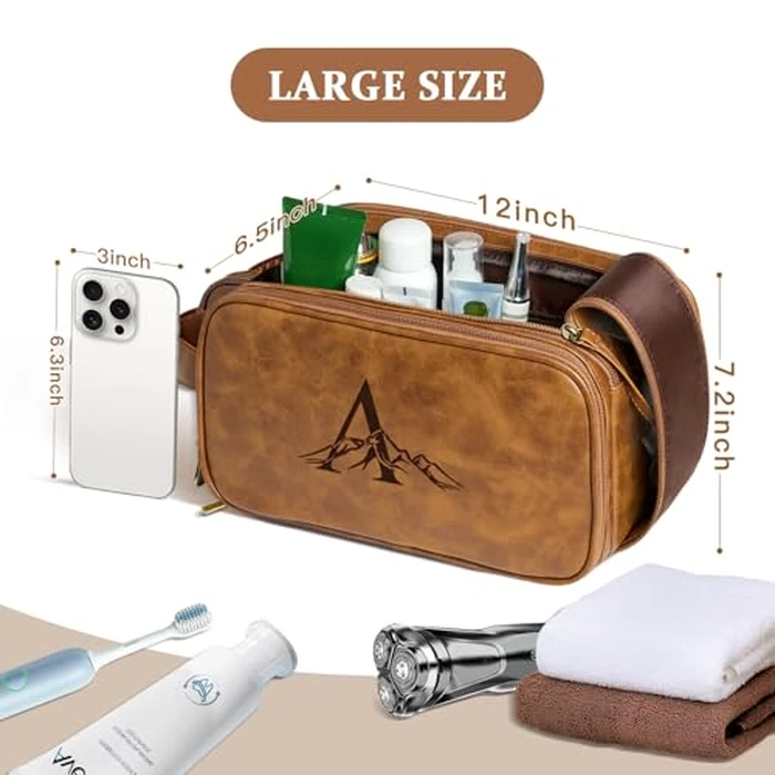 Janhavi Large Mens Travel Bag Toiletry, Travel Essentials Toiletries Men, Personalized Initials & Mountain, Waterproof Make Up Bag, Men's Accessories Storage, Customized Gifts for Men (Brown P) by Janhavi - Image 4