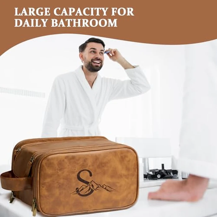 Janhavi Large Mens Travel Bag Toiletry, Travel Essentials Toiletries Men, Personalized Initials & Mountain, Waterproof Make Up Bag, Men's Accessories Storage, Customized Gifts for Men (Brown P) by Janhavi - Image 6