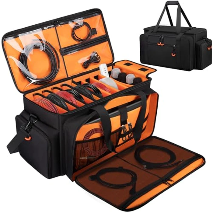 Wigojoy Large Dj Cable Bag with Laptop and Microphone Pocket, Dj Bag for Equipment and Music Accessories with Detachable Dividers, Bottom Pad, Dj Gig Bags for Musicians, Professional, Travel, Orange by Wigojoy - Used - Very Good condition
