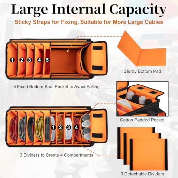 Wigojoy Large Dj Cable Bag with Laptop and Microphone Pocket, Dj Bag for Equipment and Music Accessories with Detachable Dividers, Bottom Pad, Dj Gig Bags for Musicians, Professional, Travel, Orange by Wigojoy - Image 2