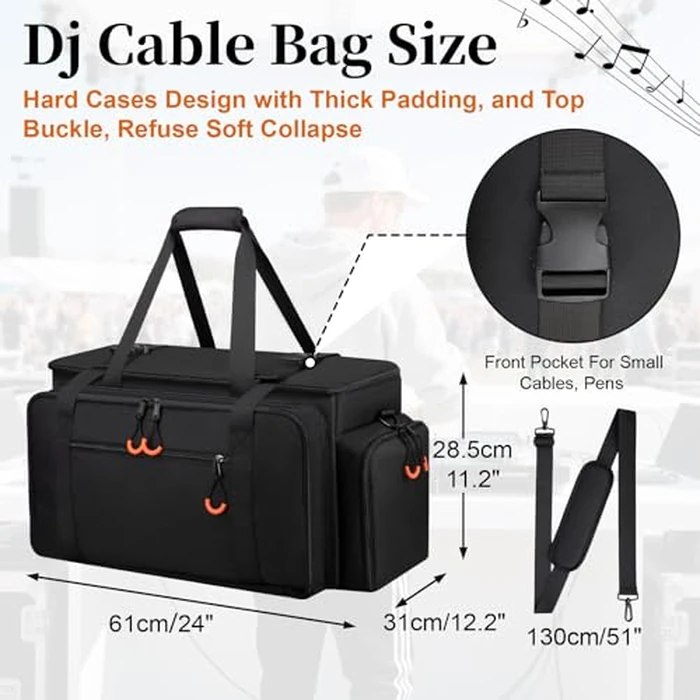 Wigojoy Large Dj Cable Bag with Laptop and Microphone Pocket, Dj Bag for Equipment and Music Accessories with Detachable Dividers, Bottom Pad, Dj Gig Bags for Musicians, Professional, Travel, Orange by Wigojoy - Image 6