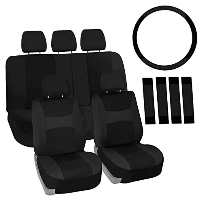 FH Group Full Set Cloth Car Seat Covers, Universal Fit Front and Split Bench Rear, Airbag Compatible, Washable for SUV, Sedan, Van - Black by FH Group - Image 1