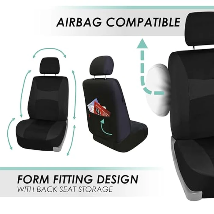 FH Group Full Set Cloth Car Seat Covers, Universal Fit Front and Split Bench Rear, Airbag Compatible, Washable for SUV, Sedan, Van - Black by FH Group - Image 2