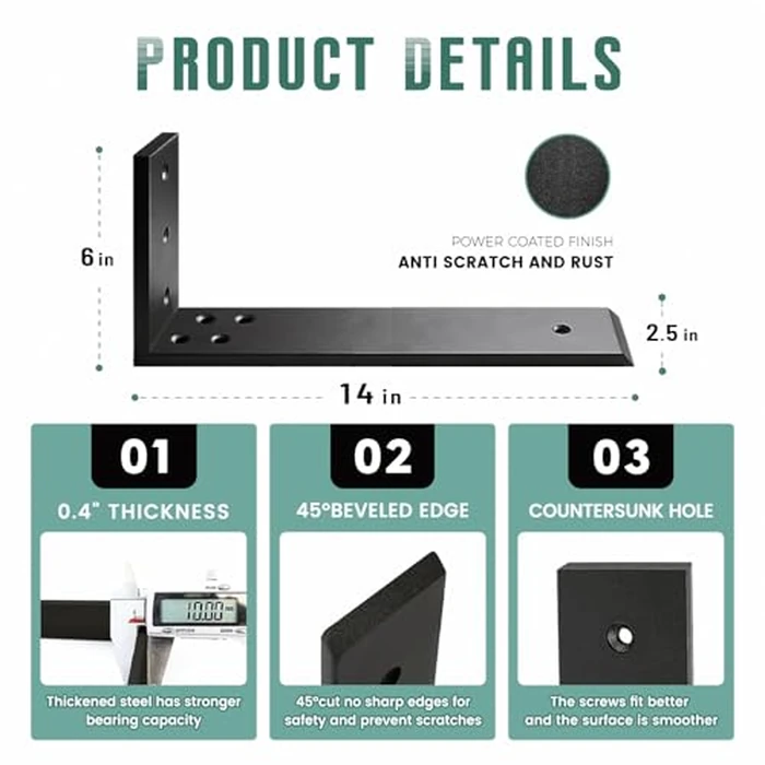 Countertop Support Brackets 4 Pack L Bracket Countertop Brackets 14" x 6" x 2.5" Heavy Duty 3/8" Thick Shelf Brackets Metal Corbels L Shape Bracket for Wood Shelf/Quartz/Granite/Concret Countertops by WINKER - Image 2