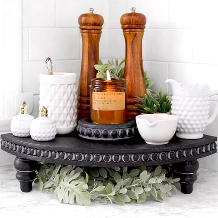 Corner Pedestal Stand Rustic Decor Riser for Display - Farmhouse Wood Rounded Beaded Tray for Kitchen and Bathroom Countertop Organizer, Coffee Bar, Plant Stand with Removable Feet (Rustic Black) by Felt Creative HOME GOODS - Used - Like New condition - CA$19.92