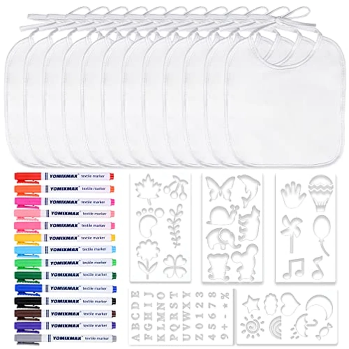 GOLDGE Dazzle at Baby Showers with a 44-piece DIY Bib Decorating Kit. 24 Bibs, 6 Stencils, 14 Markers. Perfect Gender Reveal Party Gift!, Medium, White by GOLDGE - Image 1