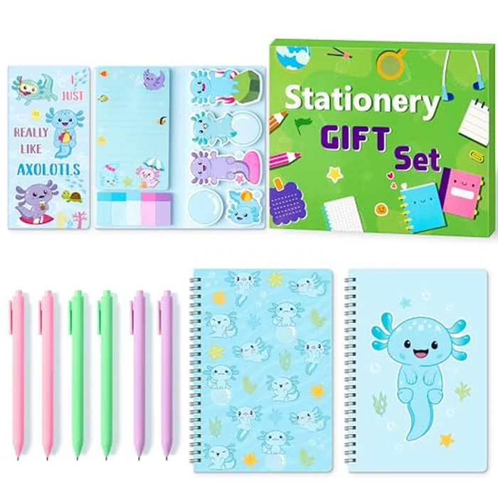 Xqumoi Axolotl Sticky Note A5 Notebooks Pens Stationary Set - Axolotl Self-Stick Notes Pads Spiral Notebooks Black Gel Ballpoint Pens School Office Supplies Teacher Appreciation Gift with Box (Blue) by Xqumoi - Used - Like New condition - CA$15.12