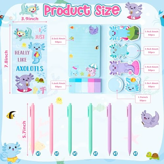 Xqumoi Axolotl Sticky Note A5 Notebooks Pens Stationary Set - Axolotl Self-Stick Notes Pads Spiral Notebooks Black Gel Ballpoint Pens School Office Supplies Teacher Appreciation Gift with Box (Blue) by Xqumoi - Image 2