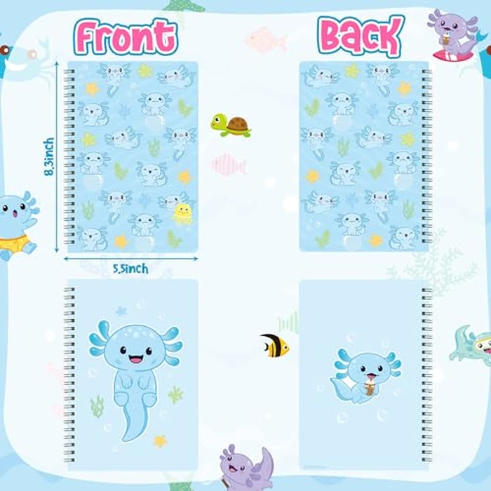 Xqumoi Axolotl Sticky Note A5 Notebooks Pens Stationary Set - Axolotl Self-Stick Notes Pads Spiral Notebooks Black Gel Ballpoint Pens School Office Supplies Teacher Appreciation Gift with Box (Blue) by Xqumoi - Image 3