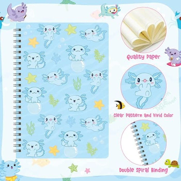 Xqumoi Axolotl Sticky Note A5 Notebooks Pens Stationary Set - Axolotl Self-Stick Notes Pads Spiral Notebooks Black Gel Ballpoint Pens School Office Supplies Teacher Appreciation Gift with Box (Blue) by Xqumoi - Image 5