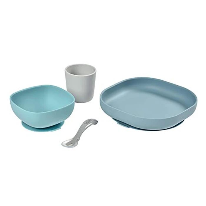 BEABA Silicone 4-Piece Meal Set - Easy to Clean - Dishwasher and Microwave Safe - Soft, Unbreakable, Non-Slip Suction Bottom - Includes Plate, Bowl, Cup and 2nd Stage Silicone Spoon (Rain) by Béaba - Used - Like New condition - CA$23.82