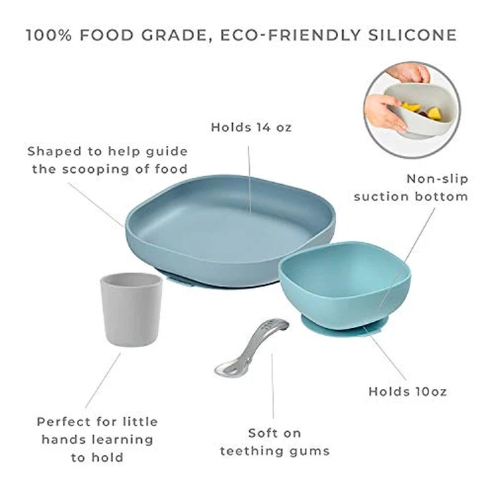 BEABA Silicone 4-Piece Meal Set - Easy to Clean - Dishwasher and Microwave Safe - Soft, Unbreakable, Non-Slip Suction Bottom - Includes Plate, Bowl, Cup and 2nd Stage Silicone Spoon (Rain) by Béaba - Image 2