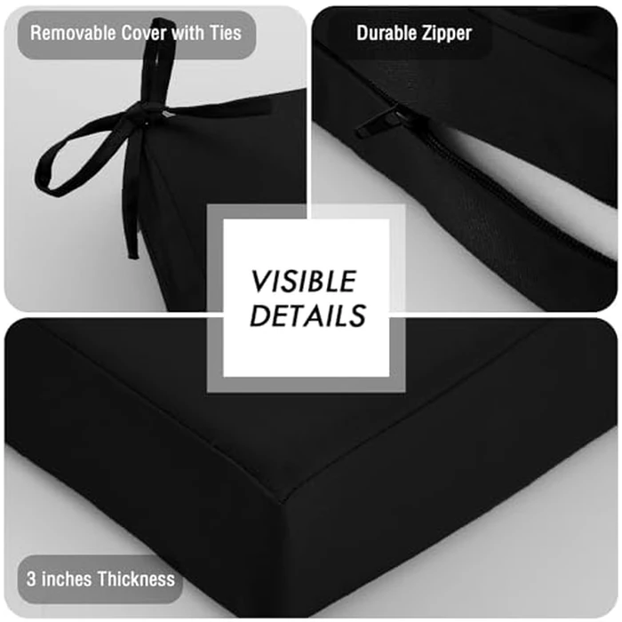 idee-home Outdoor Chair Cushions Set of 2, Waterproof Outdoor Seat Cushions for Patio Furniture, Outside Replacement Chair Pad with Ties for Lawn Deck Porch, 19 x 19 Black by idee-home - Image 6