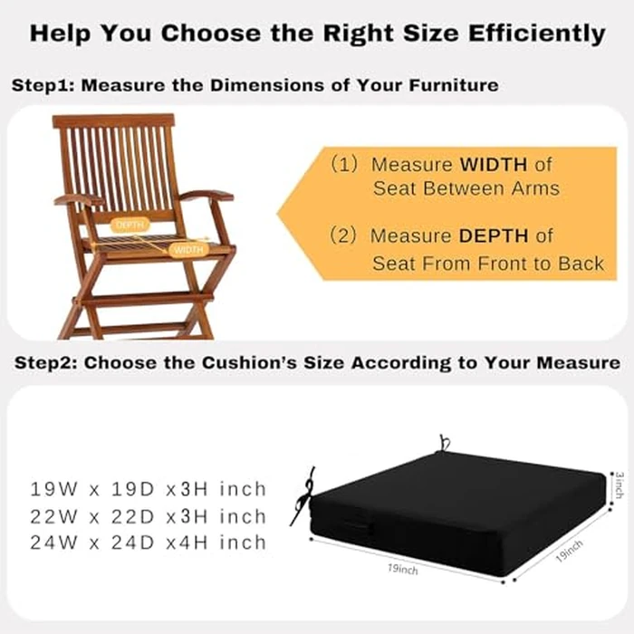 idee-home Outdoor Chair Cushions Set of 2, Waterproof Outdoor Seat Cushions for Patio Furniture, Outside Replacement Chair Pad with Ties for Lawn Deck Porch, 19 x 19 Black by idee-home - Image 7