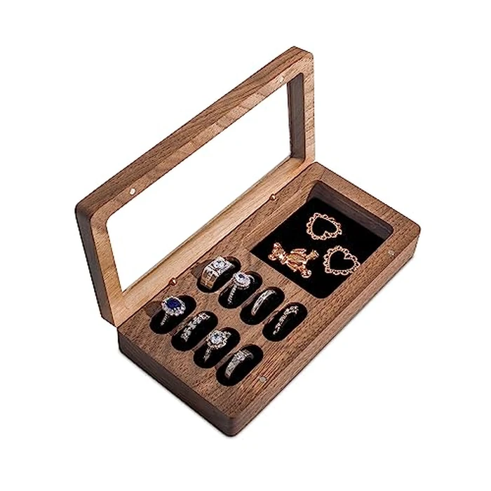 Wislist Luxury Solid Walnut Wood Ring Box with Glass Window - Ring case Jewelry Tray Jewelry Organizer for Rings, Studs & Earrings - Ideal for Store Display, Jewelry Showcases, Home Use & Gift Ideas by Wislist - Used - Very Good condition