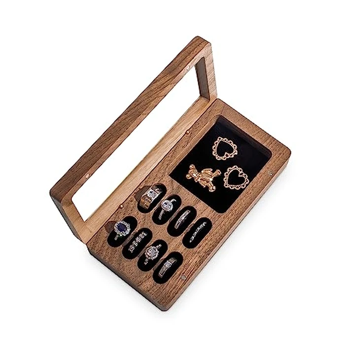 Wislist Luxury Solid Walnut Wood Ring Box with Glass Window - Ring case Jewelry Tray Jewelry Organizer for Rings, Studs & Earrings - Ideal for Store Display, Jewelry Showcases, Home Use & Gift Ideas by Wislist - Image 2