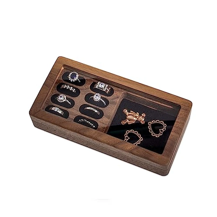Wislist Luxury Solid Walnut Wood Ring Box with Glass Window - Ring case Jewelry Tray Jewelry Organizer for Rings, Studs & Earrings - Ideal for Store Display, Jewelry Showcases, Home Use & Gift Ideas by Wislist - Image 4