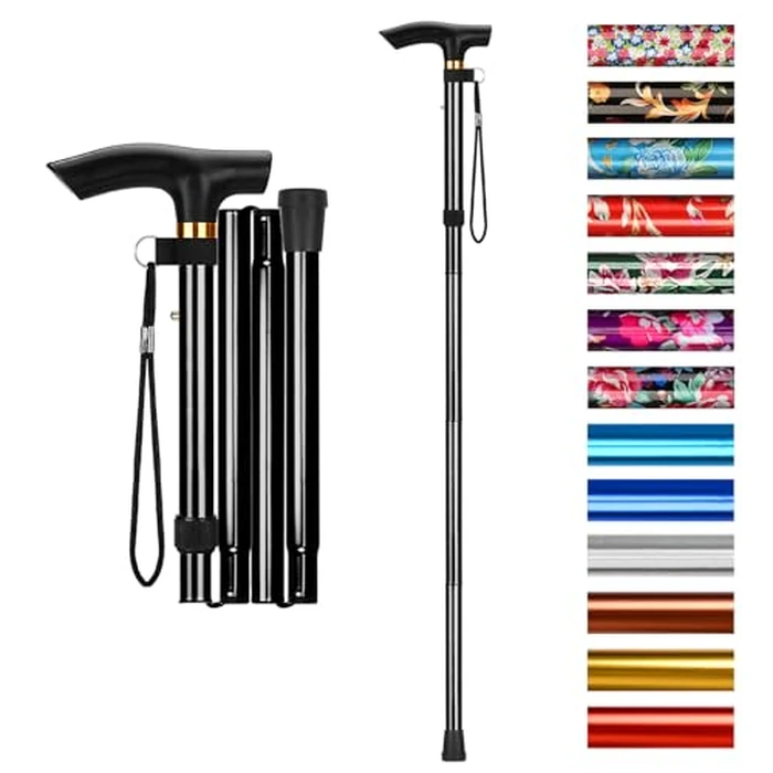 supregear Folding Cane, 5-Level Adjustable Height Walking Stick Lightweight Collapsible Portable Travel Cane with Wrist Strap and T Handle for Elderly Disabled Men Women, Black by supregear - Used - Like New condition