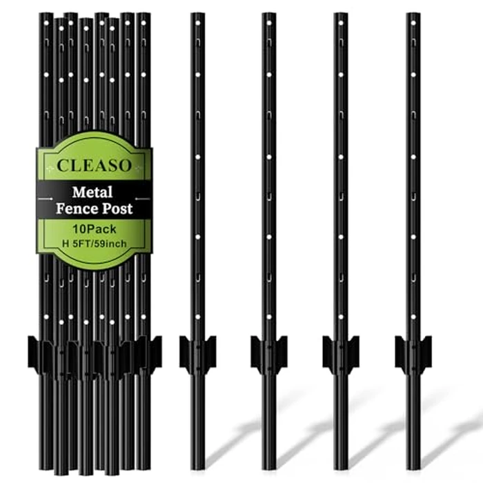 10 Pack Metal Fence Posts, 5ft Heavy Duty U-Post, Black Garden Stakes, No-Dig Post Anchors for Wire Fences, Temporary Fencing, Electric Fence, and Corner Support by CLEASO - Used - Very Good condition - US$65.51