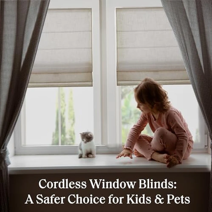 Madison Park Kyler Cordless Roman Shades - Single Panel, Lightweight Linen Blend Fabric, Natural Design, Easy Installation, Light Filtering Window Blind, Bedroom, Living Room Decor 35"W x 64"H Natural by Madison Park - Image 2