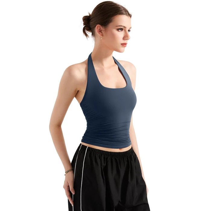 SUUKSESS Women Halter Tank Tops Double Lined Basic Backless Y2K Trendy Going Out Tops (Navy Blue,S) by SUUKSESS - Image 2