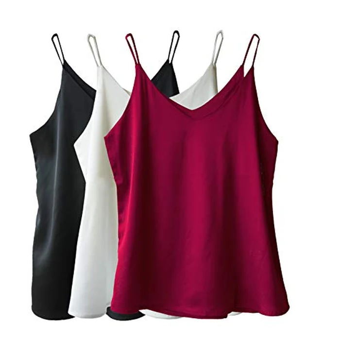 Wantschun 3pcs Womens Silk Satin Camisole V-Neck Tank Top Blouse Shirt Spaghetti Strap Cami Plain Strappy Vest XL;Black+Wine Red+White by Wantschun - Used - Like New condition - US$37.99