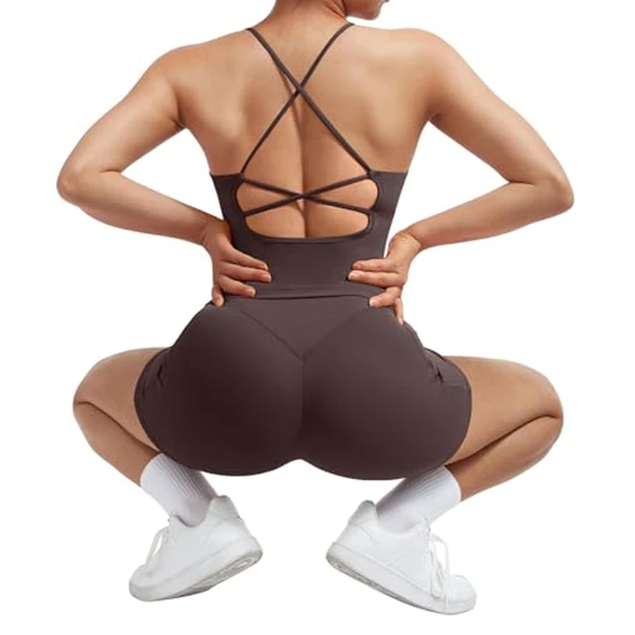 SUUKSESS Women 2 Piece Workout Sets Hidden Scrunch Butt Lifting Yoga Shorts with Pockets Backless Strappy Padded Tank Tops Outfits (Deep Brown, L) by SUUKSESS - Used - Like New condition