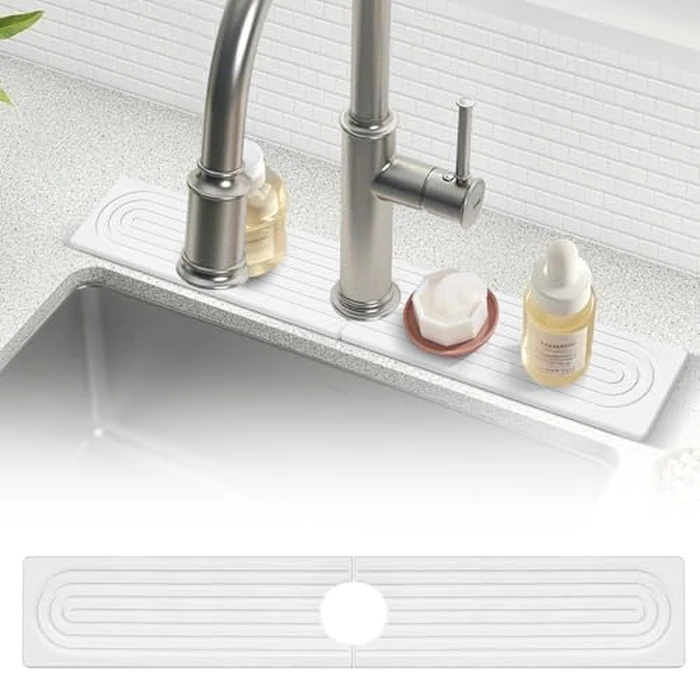 Beekfect 23.6" Stone Kitchen Sink Splash Guard, Instant Dry Diatomaceous Earth Faucet Mat for Kitchen Bathroom Sink Countertop, Behind The Faucet Super Absorbent Stone Sink Tray, Rectangle, White by Beekfect - Used - Good condition - CA$14.05