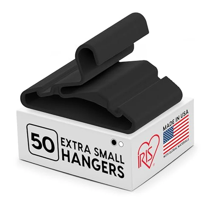 IRIS USA Extra Small Hangers 50 Pack, 30.2 cm W x 17.1 cm H, Clothes Hangers with Shoulder Grooves for Shirts & Pants, Durable Flexible Plastic, Laundry Room Closet Organizer, Black by IRIS USA - Used - Acceptable condition