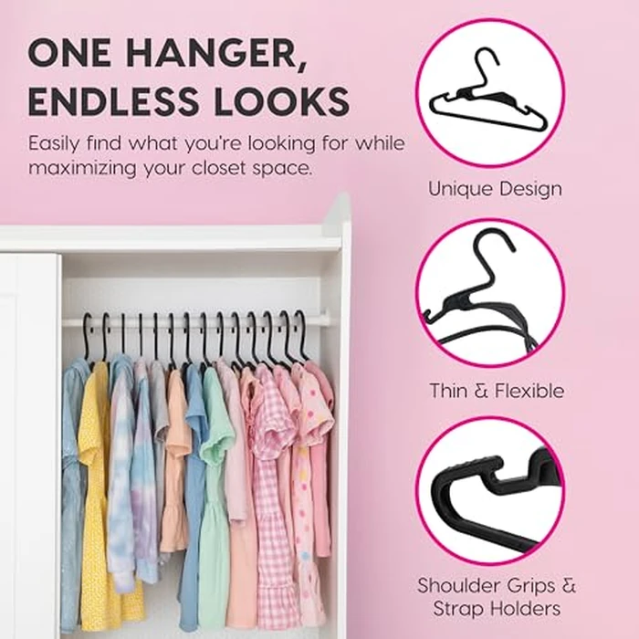 IRIS USA Extra Small Hangers 50 Pack, 30.2 cm W x 17.1 cm H, Clothes Hangers with Shoulder Grooves for Shirts & Pants, Durable Flexible Plastic, Laundry Room Closet Organizer, Black by IRIS USA - Image 3