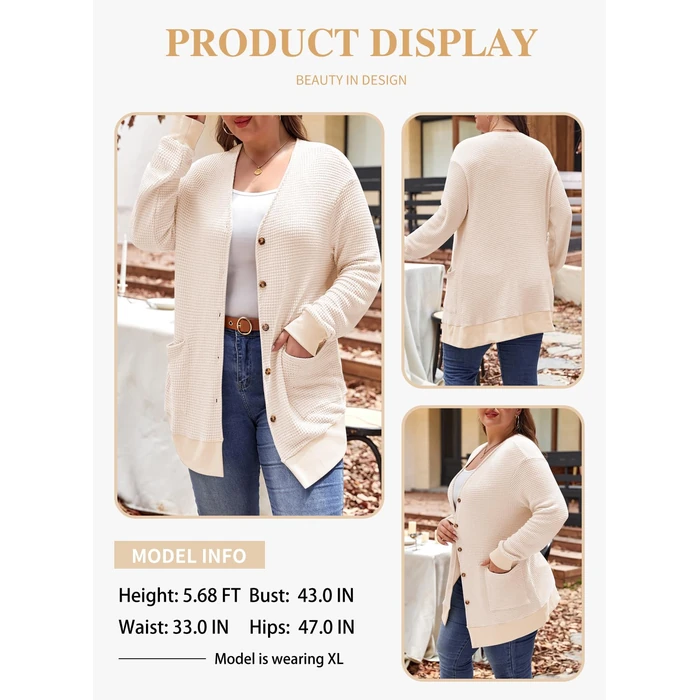 Eytino Plus Size Lightweight Cardigan for Women Casual Waffle Knit Long Sleeve Tops,3X Beige by Eytino - Image 4