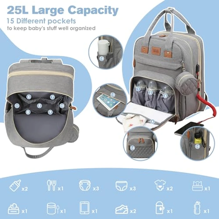 JSTPRO Diaper Bag Backpack, Large Diaper Bag with Changing Station, Baby Bag, New Mom Gifts, Lightweight Waterproof Unisex Diaper Bag with Insulated Pockets and USB Charging Port, Grey by JSTPRO - Image 2