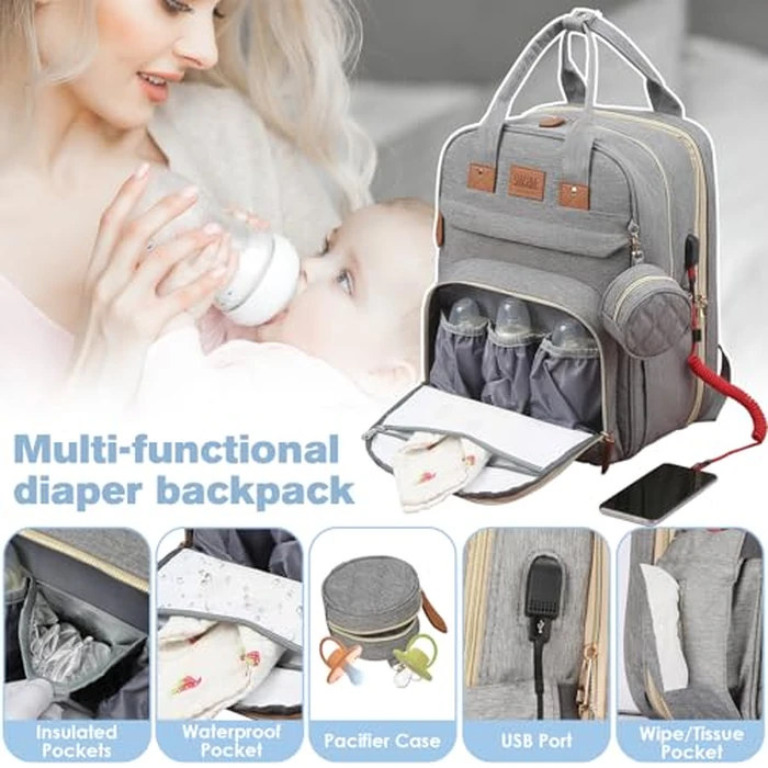 JSTPRO Diaper Bag Backpack, Large Diaper Bag with Changing Station, Baby Bag, New Mom Gifts, Lightweight Waterproof Unisex Diaper Bag with Insulated Pockets and USB Charging Port, Grey by JSTPRO - Image 4