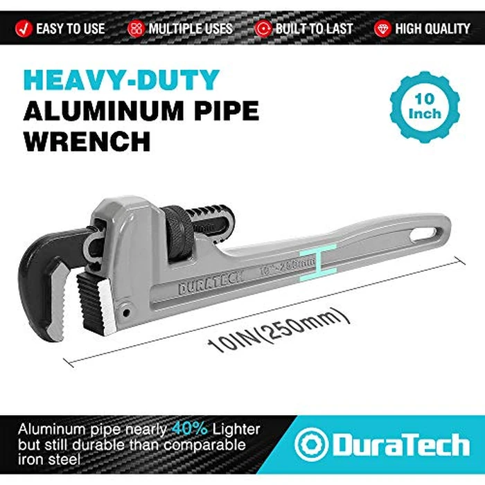 DURATECH 10-inch Heavy Duty Aluminum Straight Pipe Wrench, Adjustable Plumbing Wrench, Drop Forged, Exceed GGG standard by DURATECH - Image 2