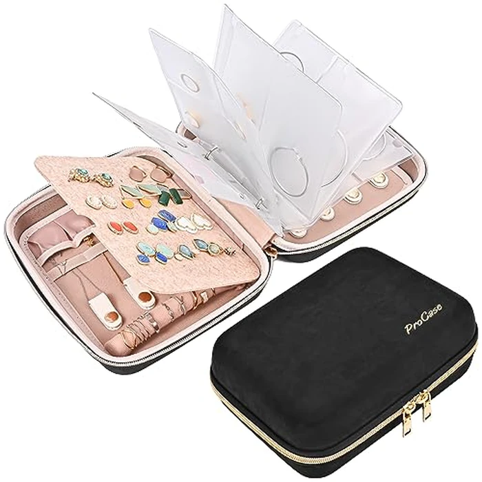 ProCase Medium Travel Jewelry Organizer Case, Jewellery Home Storage Book Ring Binder with Clear Pockets for Presentation, Zippered Pouch Bag for Earrings Necklaces Bracelets -Black by ProCase - Used - Very Good condition - US$12.13