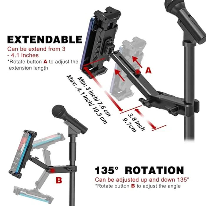 JUBOR iPad Holder for Mic Stand, Extendable iPad Mic Music Stand Mount Holder with C-Clamp, 360 degrees Rotation Adjustable Tablet Microphone Mount Holder for All 4.7-13.5" Tablet & Smartphones by JUBOR - Image 2