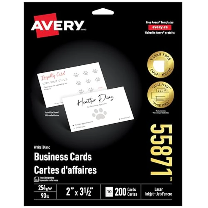 Avery Printable Business Cards with Clean Edge and Sure Feed Technology, 2" x 3.5", Double Sided Printing, Matte White Cardstock, for Laser/Inkjet Printer 200 Blank Cards, (55871) by Avery - Used - Very Good condition