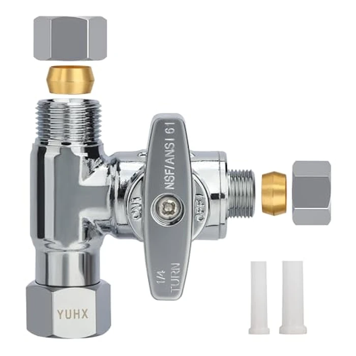 Brass Angle Stop Add-A-Tee Valve, 3/8 x 3/8 x 1/4 Compression Tee Valve,Feed Water Adapter for Refrigerators, Ice maker, Reverse Osmosis,RO Water Filter Systems, 3 Way Diverter Water Line Splitter by YUHX - Used - Like New condition - CA$18.67