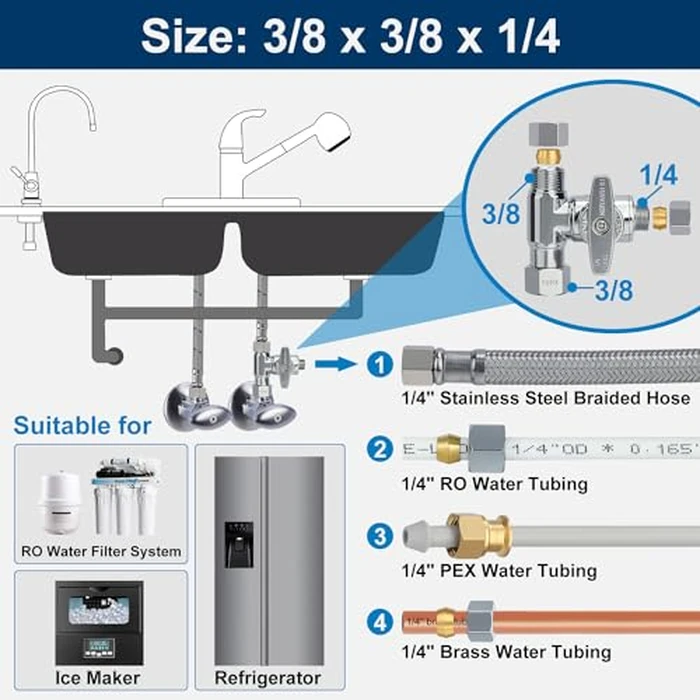 Brass Angle Stop Add-A-Tee Valve, 3/8 x 3/8 x 1/4 Compression Tee Valve,Feed Water Adapter for Refrigerators, Ice maker, Reverse Osmosis,RO Water Filter Systems, 3 Way Diverter Water Line Splitter by YUHX - Image 6