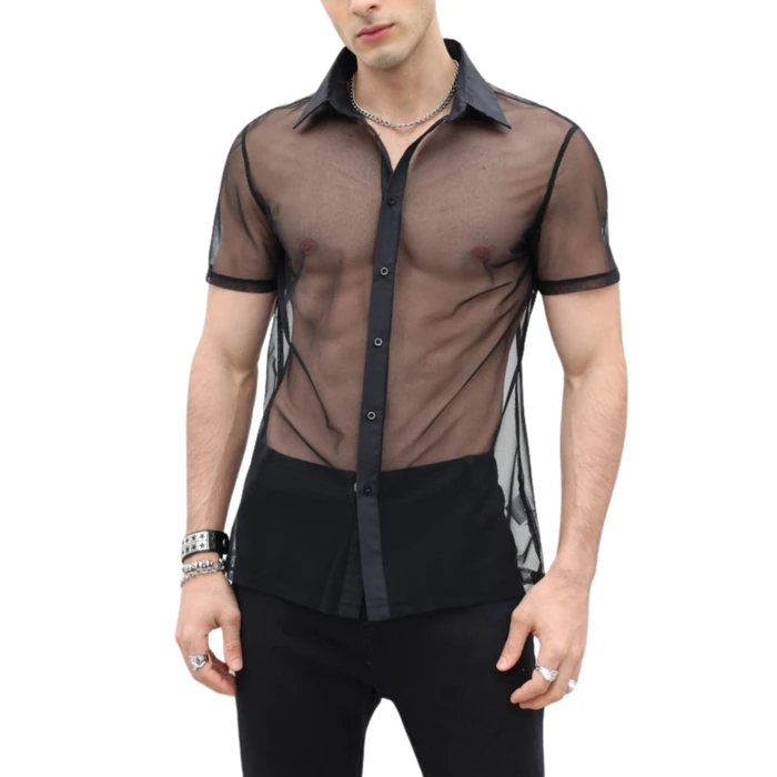 Verdusa Men's Sheer Mesh Button Up Shirt See Through Short Sleeve Top Black S by Verdusa - Used - Like New condition