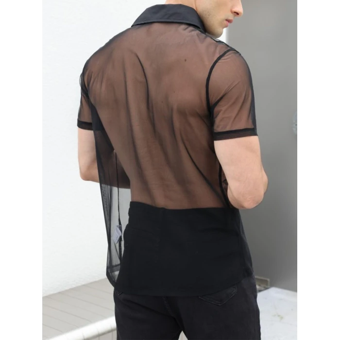 Verdusa Men's Sheer Mesh Button Up Shirt See Through Short Sleeve Top Black S by Verdusa - Image 2