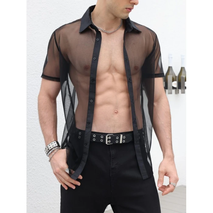 Verdusa Men's Sheer Mesh Button Up Shirt See Through Short Sleeve Top Black S by Verdusa - Image 3