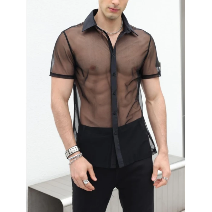 Verdusa Men's Sheer Mesh Button Up Shirt See Through Short Sleeve Top Black S by Verdusa - Image 4