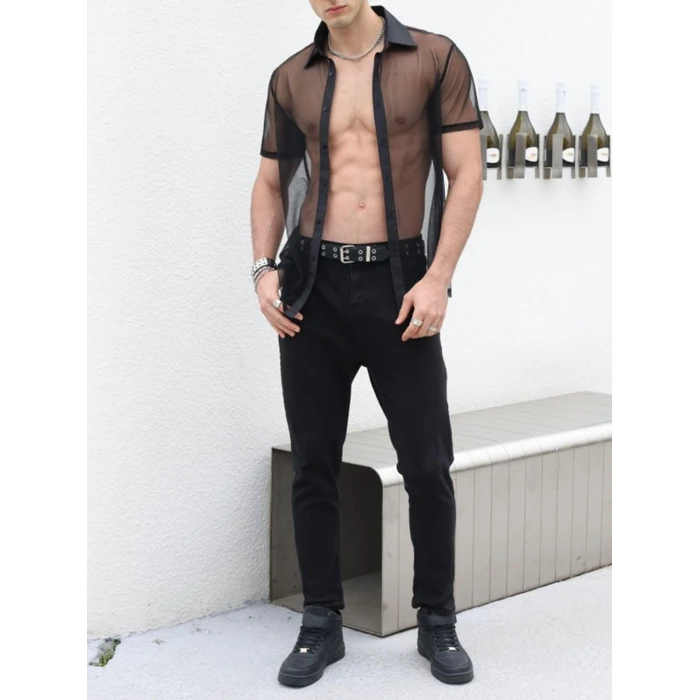 Verdusa Men's Sheer Mesh Button Up Shirt See Through Short Sleeve Top Black S by Verdusa - Image 5