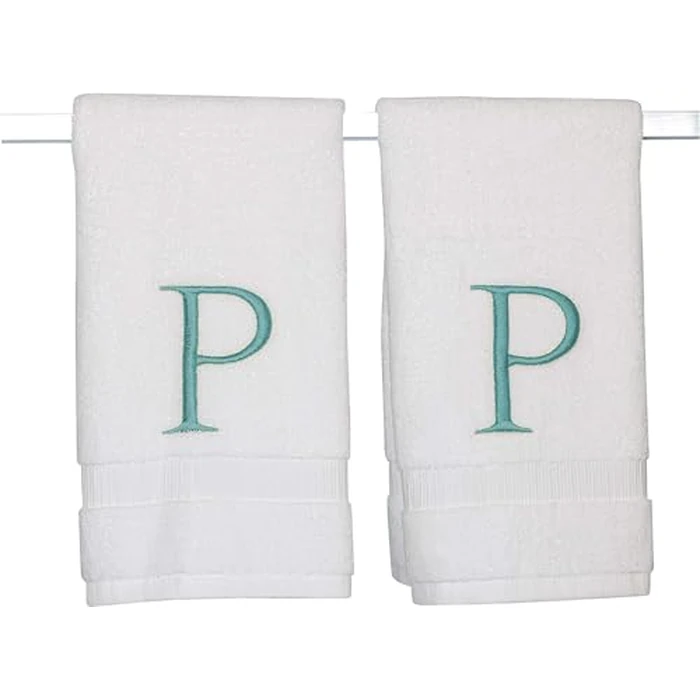Decorvo Teal Monogrammed Hand Towel for Bathroom - Initial Hotel Quality Decorative Embroidered Luxury Towel for Powder Room, Spa - GOTS Organic Certified - Pack of 2, Letter P by Decorvo - Image 1