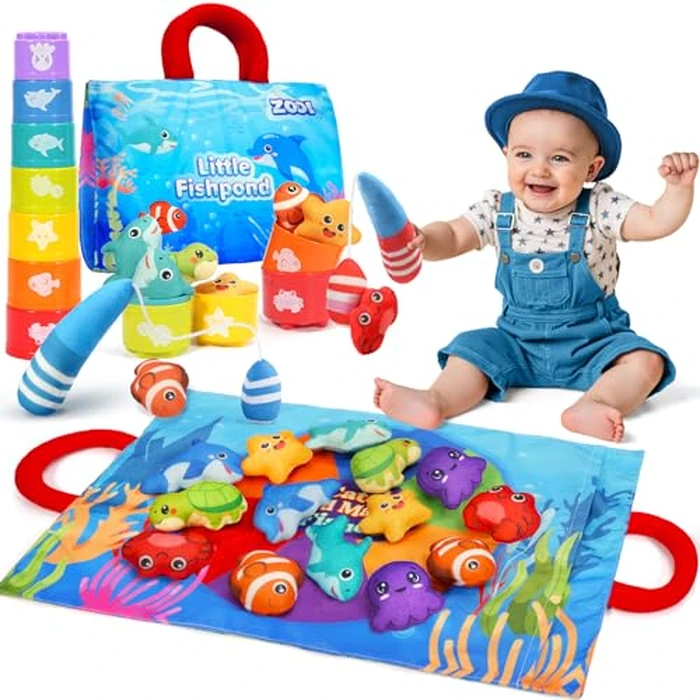ZOOI Toddler Montessori Toys for 1-3 Year Old, 24PCS Cloth Fishing Game with Stacking Cups for Hand-Brain Coordination, Sensory Baby Toys 6-12 Months, 1-3 Year Old Girl Boy Birthday Gifts by ZOOI - Used - Like New condition - US$22.09