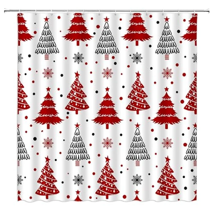Christmas Tree Shower Curtain Red Black Xmas Tree Snowflake Snow Winter Cartoon Festival 70" Wx70 H Fabric Bathroom Decor Curtain with Hooks by YNFUQANLN - Used - Acceptable condition